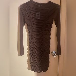 And Now This Women’s Bodycon Dress Brown Ruched Mesh Long Sleeve Stretch